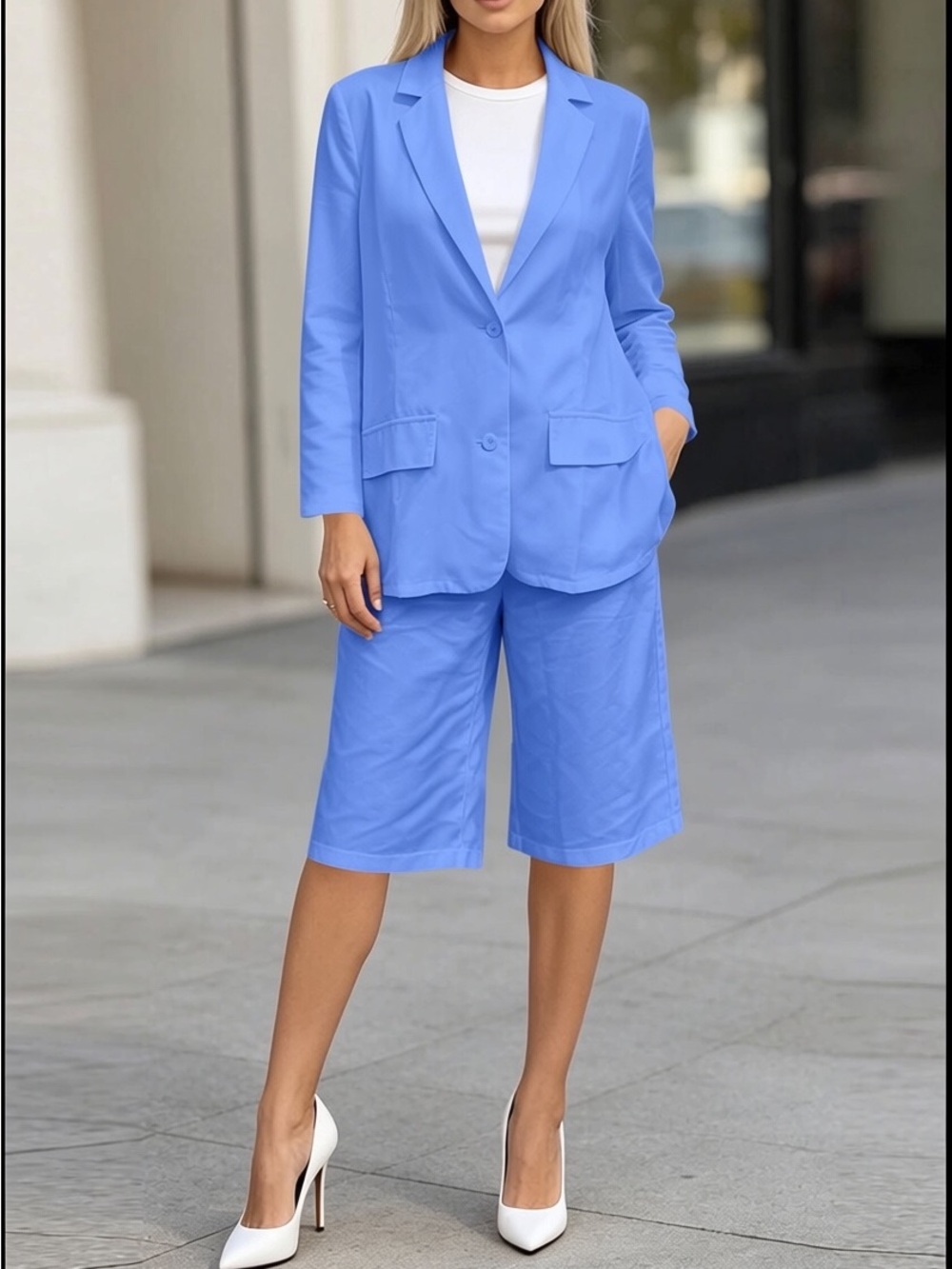 Women’s Single Breast Sky Blue Tailored Blazer with Bermuda Shorts Size-XL NIB